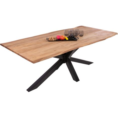 Esstisch Baumkante massiv Akazie eichefarben 140 x 80 cm Spider-Gestell schwarz DEREK (1/5)