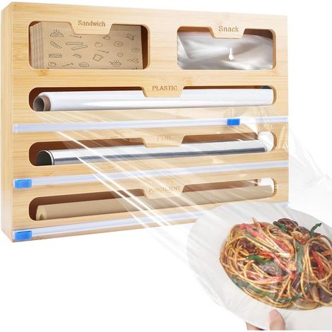 Folienabroller aus Bambus mit Schneidevorrichtung, 5-in-1-Abroller für Folie und Frischhaltefolie, Rollenorganizer für Aluminiumfolie, Frischhaltefolie, Wachspapier und Backpapier (1/5)