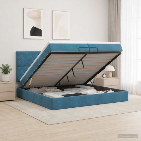 vidaXL Lit coffre avec matelas et LED Bleu foncé 200 x 200 cm Velours (1/5)