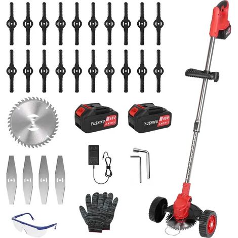 Tondeuse Électrique Sans Fil 3-en-1 avec Roues, Coupe-bordures et Débroussailleuse, Batterie 48V 2x2500mAh, Manche Ajustable, Léger et Rechargeable