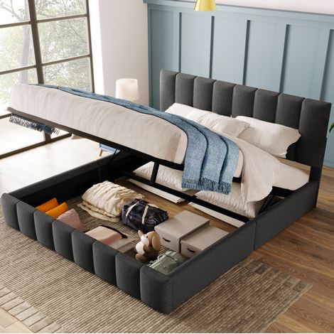 Letto con contenitore imbottito in lino grigio 140x200 cm, testiera regolabile e rete a doghe inclusa (1/5)