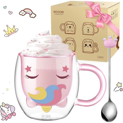 Tasse licorne double paroi 280ml avec cuillère, verre borosilicate, cadeau original (1/5)