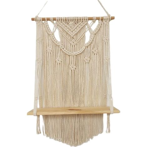 Étagère Murale Bohème Blanche Tissée à Pompons Support de Rangement en Bois Fait Main Décoration Murale pour Salon et Mariage Tapisserie Macramé Suspendue DIY Accessoire (1/5)