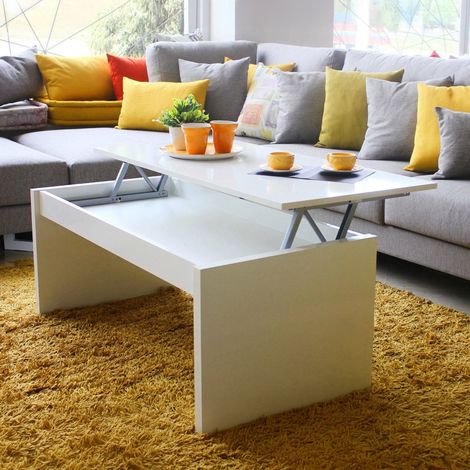 Dmora Mesa de centro con tapa elevable y espacio de almacenamiento, color blanco brillo, Medidas 102 x 43 x 50 cm (altura regulable de 43 a 54 cm), con embalaje reforzado (1/5)