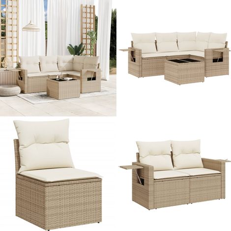 5-tlg. Garten-Sofagarnitur mit Kissen Beige Poly Rattan - Gartenmöbel - Esszimmergarnituren - Rattan Möbel - Outdoor Möbel - Lounge Set - Home & Living (1/5)