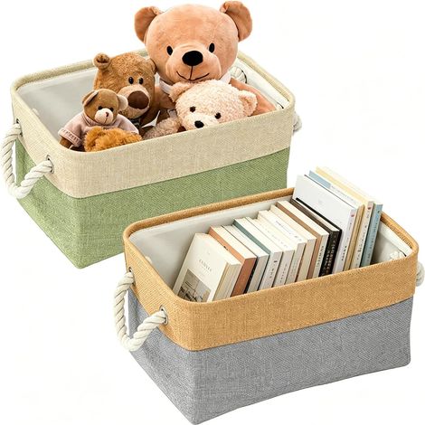 Lot de 2 boîtes de rangement pliables 30 x 20 x 13 cm avec poignée - Panier de rangement en tissu - Organiseur de penderie - Cube de rangement pour étagère, armoire et vêtements (vert et gris) (1/5)