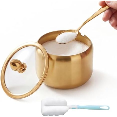 Sucrier en Acier Inoxydable 304, Pot à Épices et Condiments avec Cuillère et Brosse, Design Moderne Doré, Contenant Polyvalent pour Sucre, Sel, Épices, Pour Cuisine, Café, Restaurant (1/5)