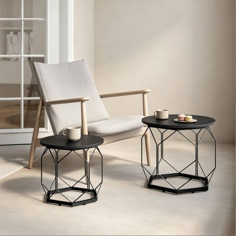 Mesa auxiliar redonda, lote de 2, bandejas extraíbles, madera y metal, negro DESVIAE (1/5)