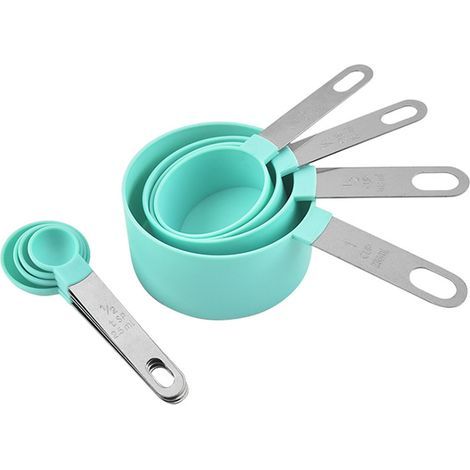 Tasses et cuillères à mesurer vertes en acier inoxydable PP 403 avec trou de suspension, double graduation, nettoyage facile, cuillère à soupe doseuse (1/5)