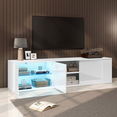 Meuble TV 180x40x50, 3 portes, meuble TV avec rangement, verre trempé, LED intégrées (1/5)