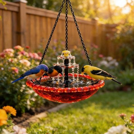 Bain d'oiseaux suspendu avec fontaine solaire - Bain d'oiseaux - Bains d'oiseaux d'extérieur - Mangeoire à insectes - Abreuvoir pour oiseaux de jardin - Décoration pour terrasse et jardin - RoodRood (1/5)