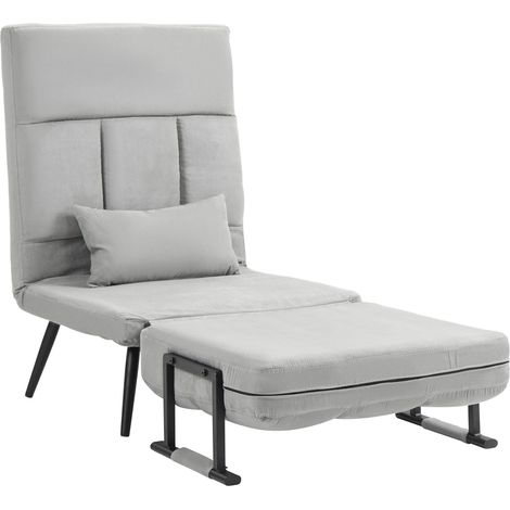 Fauteuil convertible 3 en 1 lit 1 place dossier inclinable 5 positions, accoudoirs, coussin, tissu effet velours, gris