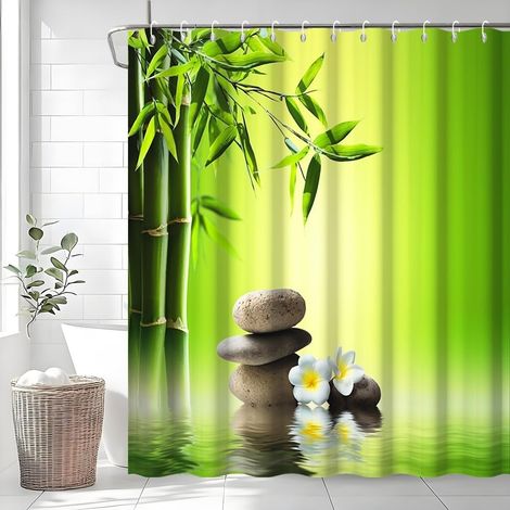 1 Rideau Douche,Imperméable Polyester,Effet Bambou Pierre Gris,180x200cm,Avec 12 Crochets,Salle de Bain (1/5)