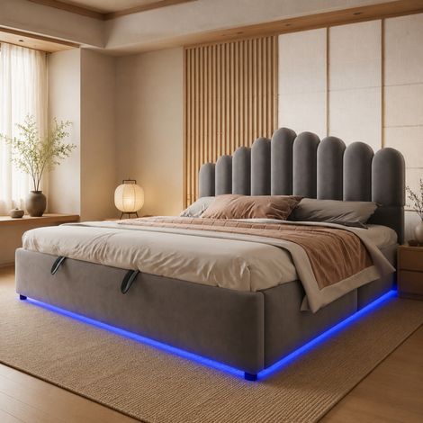 Cama tapizada 180 x 200 cm de terciopelo gris con canapé hidráulico, LED y somier de lamas OKWISH (1/5)