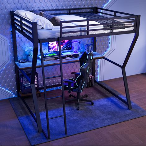 Hochbett 140x200 cm schwarz Metall und MDF mit Schreibtisch, LED, USB, Steckdose, Geländer und Treppe (1/5)