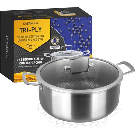 Casserole antiadhésive induction Tri-ply avec couvercle en verre – Revêtement antiadhésif 3 couches ultra-résistant (28 cm) (1/5)