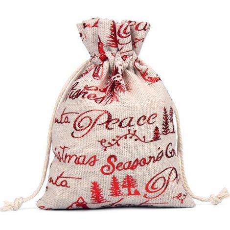 Leinenbeutel, 10er-Set, Jutebeutel mit Kordelzug, Weihnachtsmotiv, Geschenktüten zum Aufhängen, Schneeflockenmotiv, rot, 10 × 14 cm