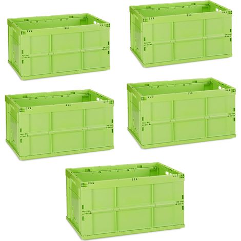Relaxdays 5 Cajas Transporte Profesionales, Cestas Plegables Resistentes, Plástico Duradero, 60 Litros, Verde