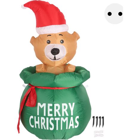 Jeffergarden Ours gonflable de Noël de 1,5 m, joli ours dans un sac cadeau avec lumière LED, décoration de jardin gonflable, prise UE 220 V-DOU