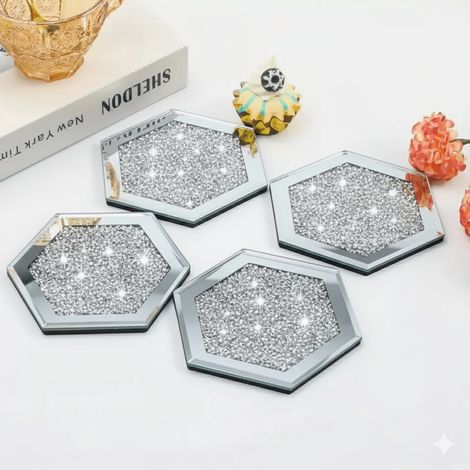 Lot de 4 Sous-Verres Hexagonaux en Verre Miroir 10cm, Design Strass Brillants, Élégants pour Décoration de Maison, Cuisine, Bar et Table