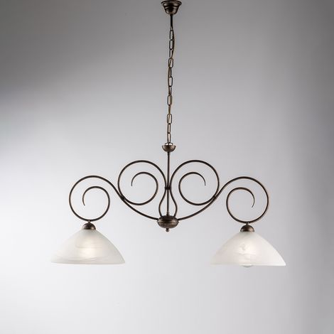 Lampadario in ferro Marrone Oro due luci paralumi in vetro Alabastro Bianco 99x h52 cm