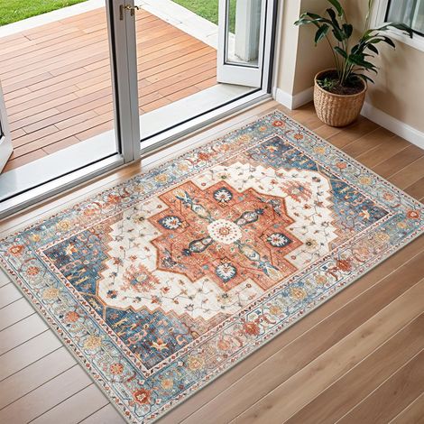 Tapis Entree Interieur Vintage 60x90cm Lavable en Machine AntidéRapant Poil Ras, pour Chambre Salle a Manger Descente de Lit Bureau, Cuisine, Orange (1/5)