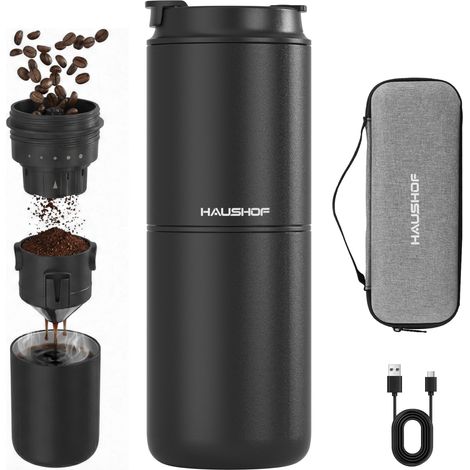 HAUSHOF Machine à Café Portable Pour-Over Tout-en-Un, Moulin Intégré, Mug Isotherme Indépendant 400 ml, Sans Fil, 4-en-1 Grind & Brew, Idéale pour Voyage et Camping, Noir