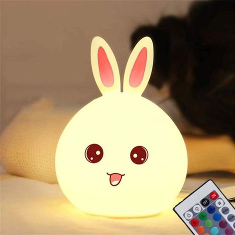 Veilleuse lapin pour enfants + télécommande, lampe en silicone colorée rechargeable par USB, veilleuse animal lapin pour chambre de bébé, cadeau d'anniversaire mignon pour garçons et filles (rose)