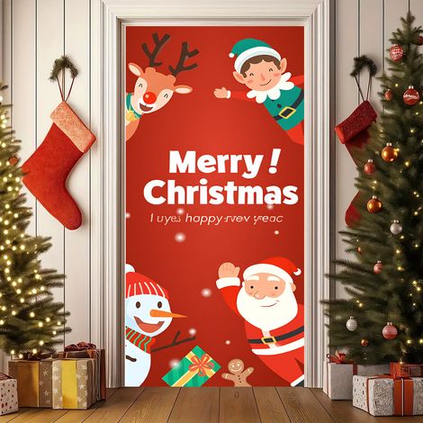 Nouvelle décoration de porte de Noël, bannière avec le Père Noël pour jardin, cour ou extérieur - 90 x 180 cm (perforée + ruban) - 41