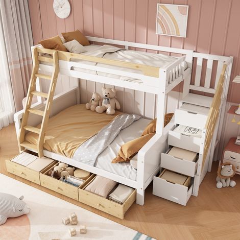 Familien-Etagenbett 90x200 und 140x200 cm mit Lattenrost - Kinderbett aus Massivholz mit Stauraumtreppe Leiter und 3 Schubladen - Weiß und Natur (1/5)