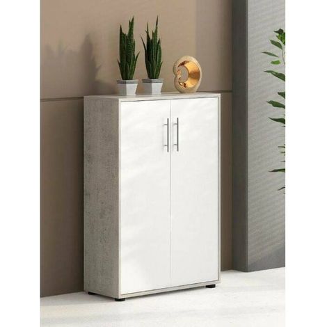 Dmora Bibliothèque avec 2 portes et 2 étagères, Etagère pour livres et documents, Armoire de rangement de bureau, cm 79x34h188, Couleur Blanc et Ciment, avec emballage renforcé (1/5)