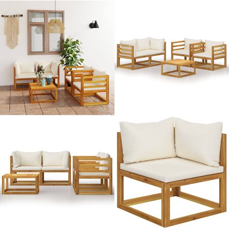 5-tlg. Garten-Lounge-Set mit Auflagen Creme Massivholz Akazie - Loungesessel - Gartenmöbel - Outdoor Möbel - Holz Lounge Set - Akasieholzmöbel - Home & Living