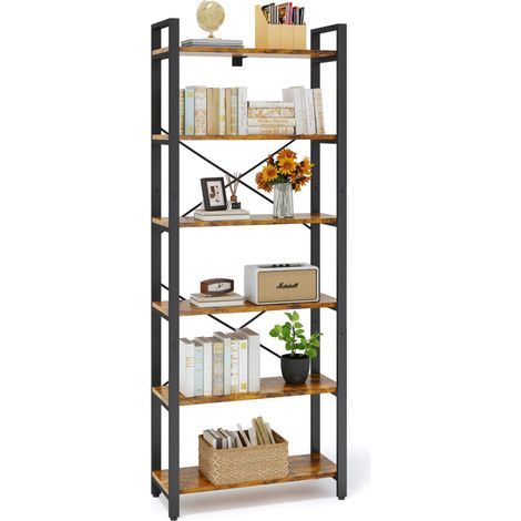 2M Bibliothèque sur pied à 6 niveaux, étagère en bois avec cadre en métal, étagère de bureau industrielle étagères ouvertes, pour bureau, salon, chambre à coucher, cuisine (marron vintage noir) (1/5)