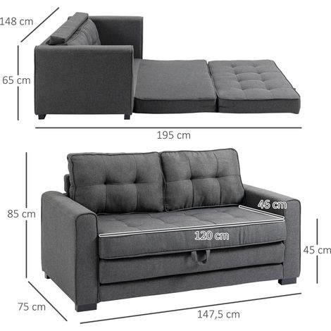 Canapé-lit 2 places convertible, sofa escamotable avec fonction couchage, tissu lin, bois caoutchouc, gris, 147,5x75x85cm (1/5)