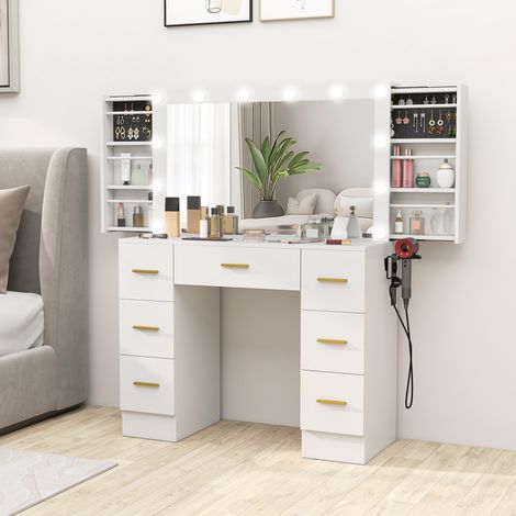 Coiffeuse avec miroir et 12 lumières led blanc 6 compartiments de rangement cachés panneau de particules coiffeuse avec 7 tiroirs (1/4)