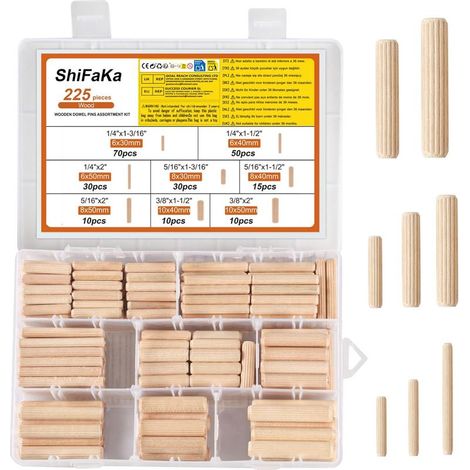 225 Pièces Cheville Boiss, Tourillon Bois, Goupilles Aiguilles Chevilles en Bois Coniques et Nervurées 6 mm 8 mm 10 mm, pour Artisanat du Meuble, Accessoires de menuiserie DIY (M6 M8 M10) (1/5)