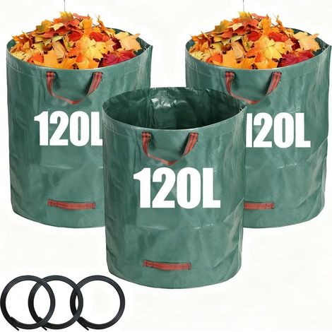 120L Sacs à Déchets de Jardin, 3 Pièces Sac Vegetaux Jardin, PP Sac Poubelle Jardin, Sacs Dechets Verts avec Poignée, Vert, pour Stockage Mauvaises Herbes, Feuillesmortes et Déchets Jardinage (1/5)