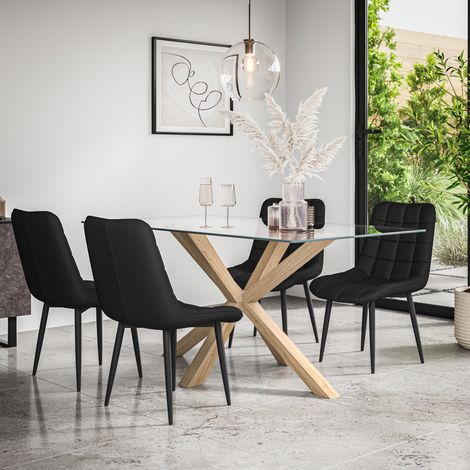 Etta Glass Dining Table And Chairs - Glass Top w Solid Oak Legs + Nova Faux Leather Dining Chair Set Of 4 (Black) (1/5)