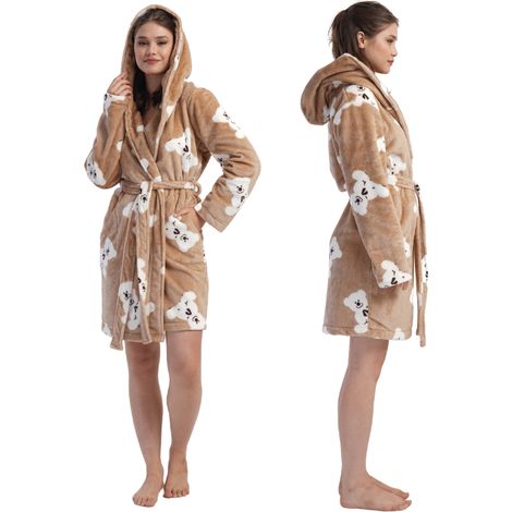 Bata de felpa para mujer con capucha y bolsillos, talla M, cómoda, con lazo de estampado de osito de peluche. (1/5)