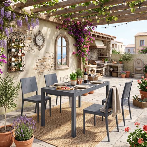 Creahappy Salon de Jardin 4 Personnes Table 142x71 cm et 4 Chaises Empilables - Gain de Place Extérieur - Métal Gris Foncé (1/5)