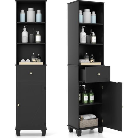 COSTWAY Mobile Bagno Alto 172 cm, Mobiletto Stretto da Pavimento con 3 Ripiani Aperti,Nero (1/5)