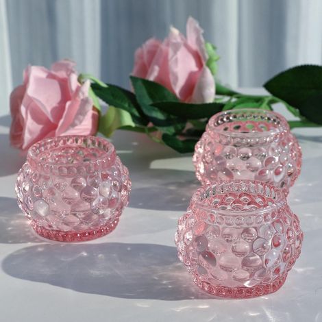Lot de 6 photophores roses en verre en forme de citrouille - Style vintage - Pour chambre, mariage ou autres célébrations - 5 x 7 x 6 cm (l x H) (1/5)
