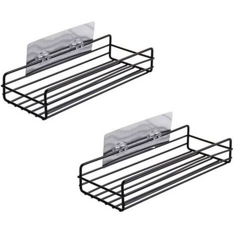 Étagère adhésive pour salle de bain à monter au mur, sans perçage, support solide pour cuisine et caddie de douche, organisateur de rangement (lot de 2, noir) (1/5)