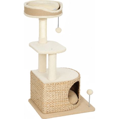 Arbre à Chat Design Moderne Style Tressé avec Griffoir 4 Niveaux Niche en Massette Perchoir en Jute 87 cm Beige (1/5)
