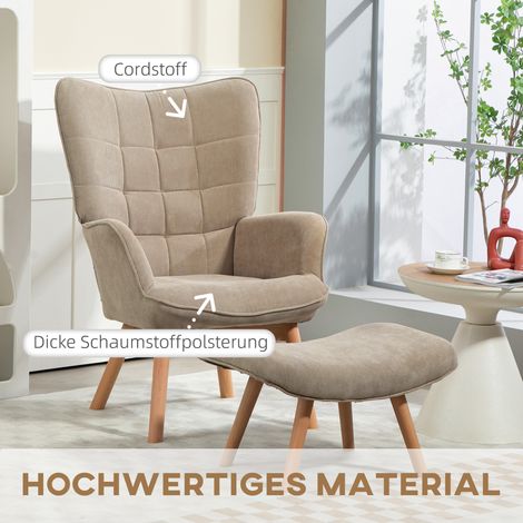 Fauteuil inclinable avec repose-pieds, assise en velours côtelé beige, piètement bois, pour séjour, marron clair (1/4)