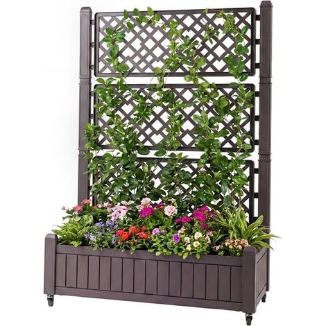 Jardinière avec Treillis, 80 x 40 x 140 cm, avec indicateur de Niveau d'eau et Trous de Drainage, bac à Fleurs avec Treillis et roulettes, en polypropylène, Marron (1/5)