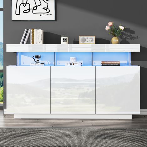 Buffet moderne 140x35x80 cm, meuble haut brillant blanc, bar à café en acrylique avec bande LED 16 couleurs, idéal salle à manger, cuisine, entrée (1/5)