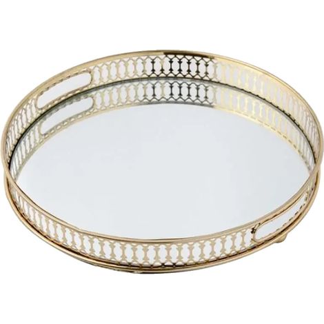 Bandeja decorativa redonda con diseño moderno espejado, color dorado. (1/2)