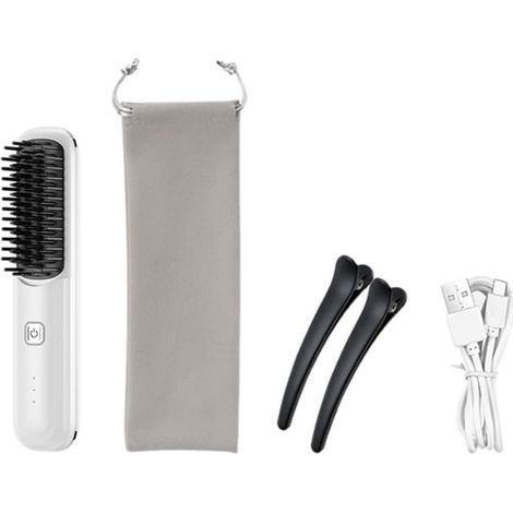 Brosse à Lisser Sans Portable pour les Cheveux, Brosse à Lisser à Ions Négatifs, Peigne Chauffant, Mode de Charge, Lisseur pour les Cheveux des Femmes - Blanc (1/5)