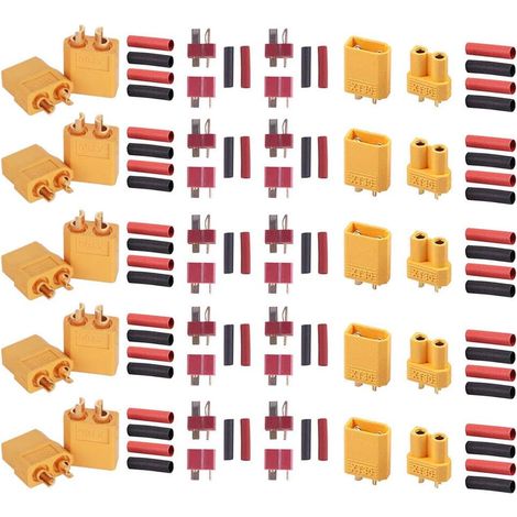 Pairs XT60 Male/Female Bullet Connectors, 5 Pairs XT-30 Bullet Connectors for RC Car/Boat/LiPo Battery, 5 Pairs Deans Style T-Plug Connectors, and 60 Pieces Shrink Tubing